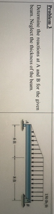 Problem 3 150 lb/ft Determine the reactions at A and B for the given beam. Neglect the thickness of the beam. 6 ft 8 ft