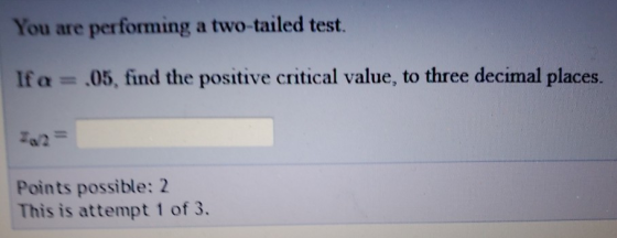 You are performing a two-tailed test. Ifa = .05, find the positive critical value, to three decimal places. Points possible: