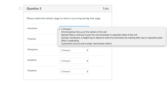DQuestion 3 5 pts Please match the mitotic stage to what is occurring during that stage Interphase [ Choose] Chromosomes line