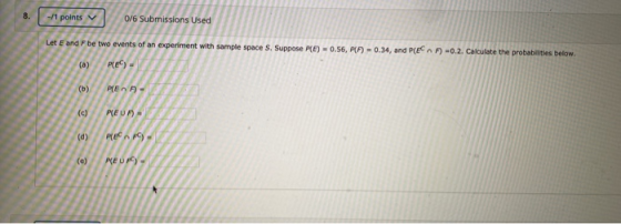 sv 0/6 Submissions Used Let E and be two events of an experiment with sample space S. Suppose PE) - 0.56,PA) - 0.34, and Penn