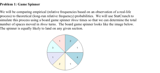 Problem 1: Game Spinner We will be comparing empirical (relative frequencies based on an observation of a real-life process)