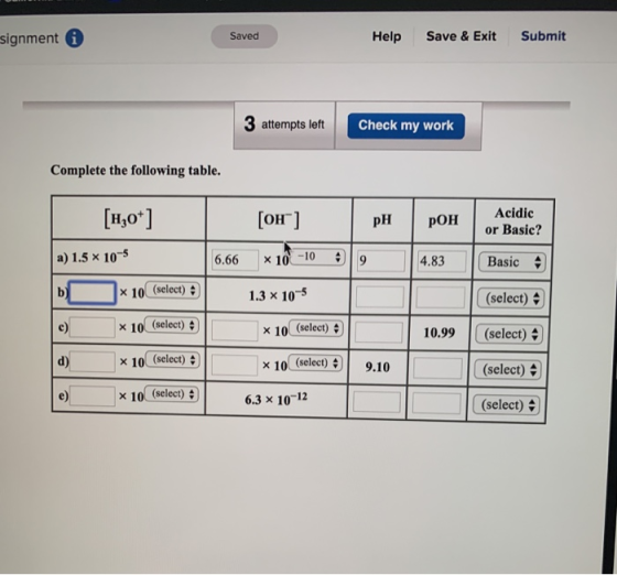signment Saved Help Save & Exit Submit 3 attempts left Check my work Complete the following table. Acidic or Basic? [oHr] pH