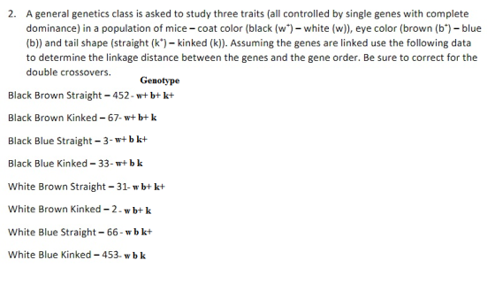2. A general genetics class is asked to study three traits (all controlled by single genes with complete dominance) in a popu