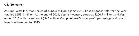Q4. (20 marks) Assume Vessi Inc. made sales of $964.4 million during 2015. Cost of goods sold for the year totalled $655.3 mi
