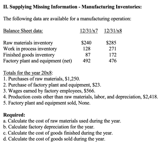 II. Supplying Missing Information - Manufacturing Inventories: The following data are available for a manufacturing operation