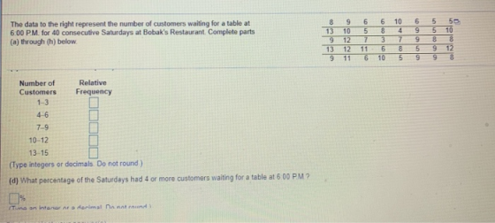 The data to the right represent the number of customers waiting for a table at 6:00 P.M. for 40 consecutive Saturdays at Boba