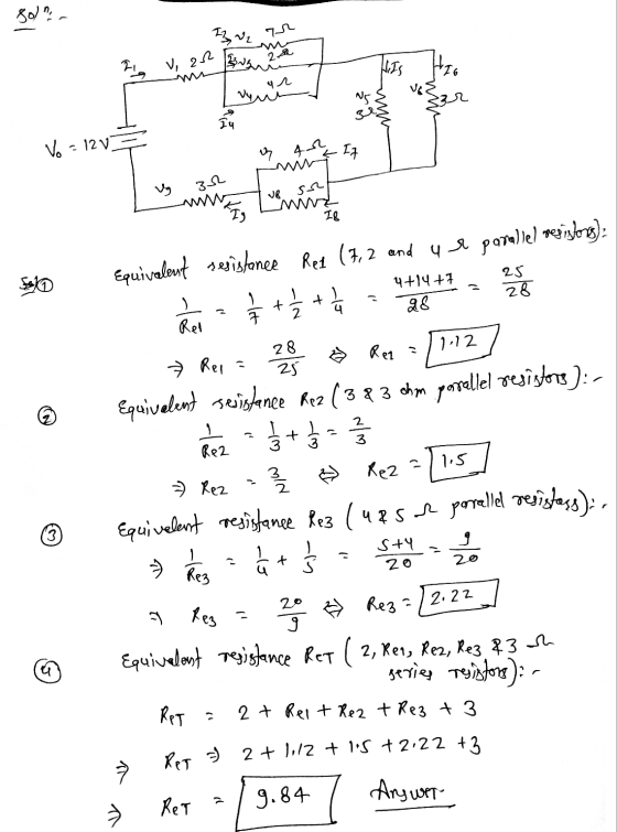 IZ U, ar V, ar bi na 2 بیمه Vo = 120 = Vg or sa ve Sayo © © Equivalent sesistance Ret (7,2 and 4 se parallel resistors). her