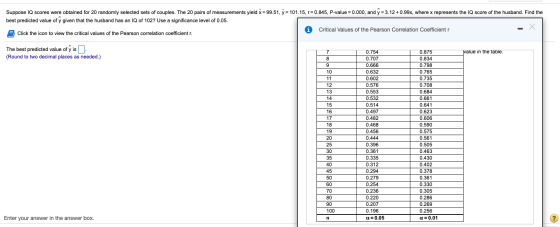 Suppose IQ scores were obtained for 20 randomly selected sets of couples. The 20 pairs of measurements yield x = 99.51, y = 1