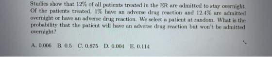 Studies show that 12% of all patients treated in the ER are admitted to stay overnight. of the patients treated, 1% have an a
