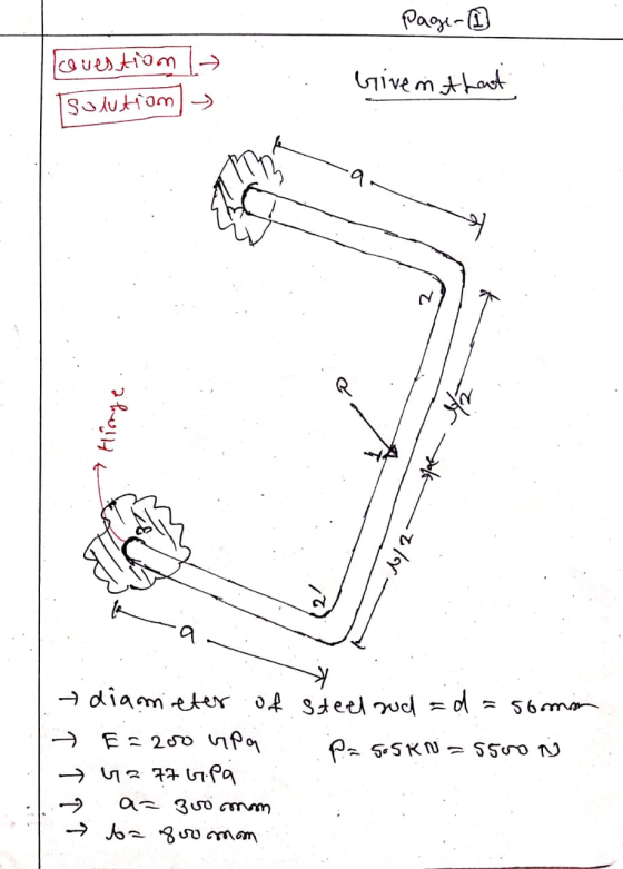 Page 1 lovestion 1 Solution » Given that Hinge eff 6/2- k diameter of steel sud =d = 56mm E=200 hpa Passkn=5500N 42 77 6pa a