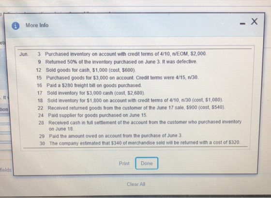 * More Info et Jun. 3 Purchased inventory on account with credit terms of 4/10, n/EOM, $2,000. 9 Returned 50% of the inventor