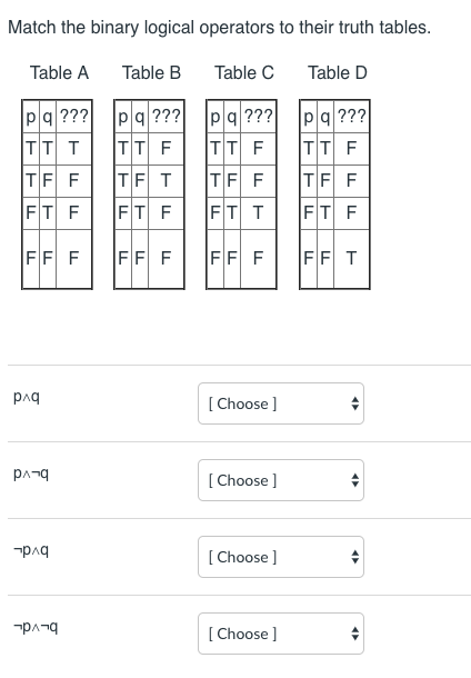 Match the binary logical operators to their truth tables. Table B Table C Table D Table A Choose ] Choose ] Choose ] Choose ] pAq