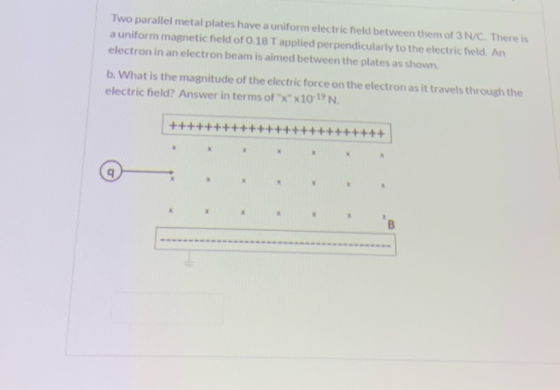 Two parallel metal plates have a uniform electric field between them of 3 N/C. There is a uniform magnetic field of 0.18 T ap