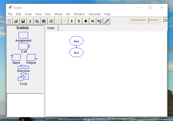Raptor _ Х File Edit Scale View Run Mode Ink Window Generate Help 80 Symbols main Assignment Start Call End Input Output Sele
