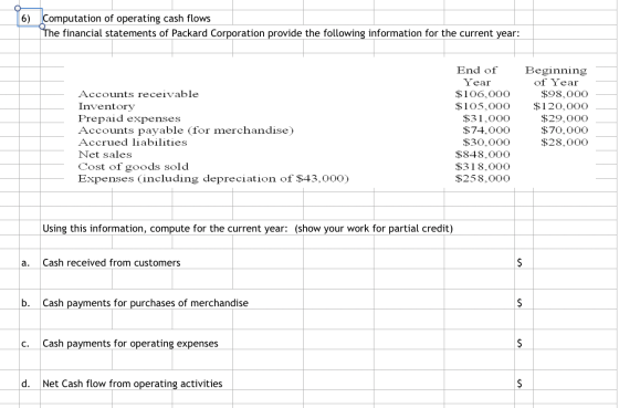 6) Computation of operating cash flows The financial statements of Packard Corporation provide the following information for