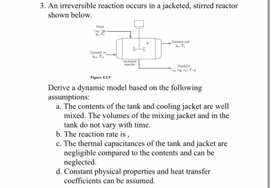 3. An irreversible reaction occurs in a jacketed, stirred reactor shown below. Feed CARI 9.7 Coolant out 4. T. Coolant in 9.