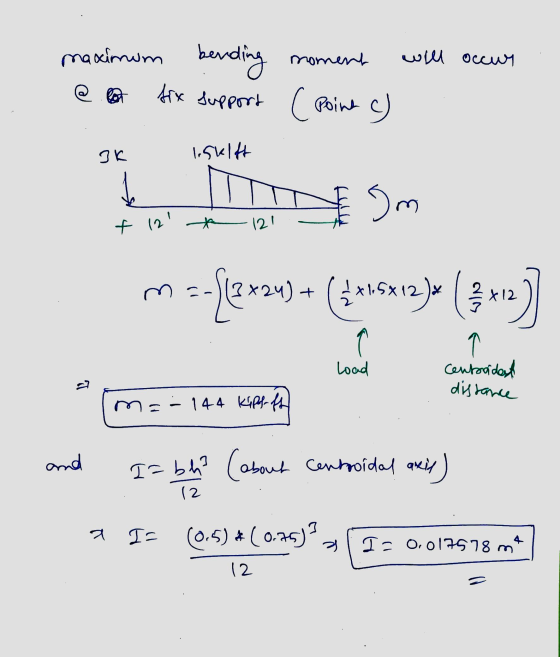 maximum bending @lo fix support gk lisulft moment will occur ( Point () + 12 t 121 m =-{zxzu) + ({«is««2) ( 3 4:12] Load Cen