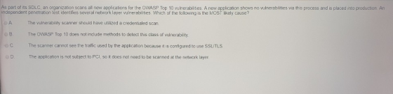 10A As part of its SDLC, an organization scans all new applications for the OWASP Top 10 vulnerabilities. A new application s