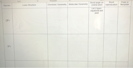 Font Paragraph Electronic Geometry Molecular Geometry Bond Polar or hybridization Nonpolar Species Lewis Structure Bond angle