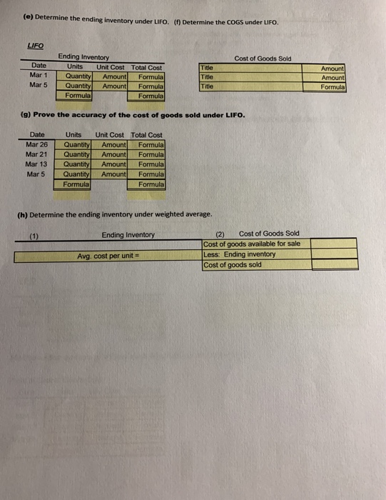(e) Determine the ending inventory under LIFO. (f) Determine the COGS under UFO. LIFO Cost of Goods Sold Date Mar 1 Mar 5 End