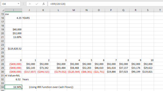 134 - EIRR(128:528) X J Fax K I M N O P Q R S T 15 Ow 4.35 YEARS $40,000 $52,000 13.00% $119,820.52 1 2 ($400,000) $92,000 $9