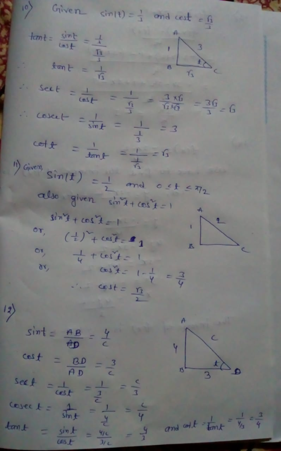 Given sin(t) = 1 and cost ab tant sin زم font = sa Se 1 XG TIME .. cosent = strt = Cosee Į = 3 cott tant 11) Given sin(t) = 7