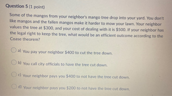 Question 5 (1 point) Some of the mangos from your neighbors mango tree drop into your yard. You dont like mangos and the fa