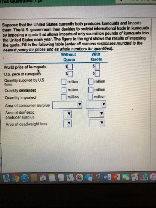Suppose that the United States currently both produces kumquats and imports them. The U.S. govemment then decides to restrict international trade in kumquats by imposing a quota that allows imports of only six million pounds of kumquats into the United States each year. The figure to the right shows the results of imposing the quota. Fill in the following table (enter all numeric responses rounded to the nearest penny for prices and as whole numbers for quantities). Without Quota With Quota World price of kumquats U.S. price of kumquats Quantity supplied by U.S. million milion firms Quantity demanded Quantity imported Area of consumer surplus Area of domestic producer surplus Area of deadweight loss million mion million milion