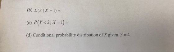 (b) ECY X = 1) = (c) P(Y <2 X = 1) = (d) Conditional probability distribution of X given Y = 4.