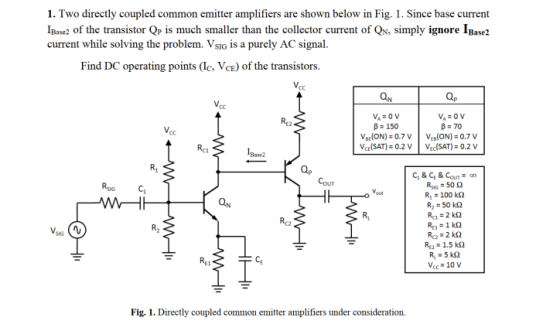 1. Two directly coupled common emitter amplifiers are shown below in Fig. 1. Since base current IBase2 of the transistor Qp i