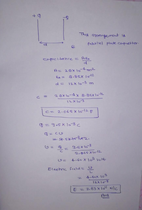 Parallel plade copucttor 01 = 12x10-3 m 12 Xlo 3 G2g.sxlo 4-60x log 12X lo-s E 3.83 x1011 Nle