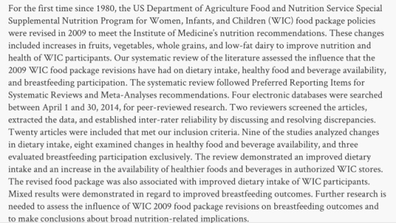 For the first time since 1980, the US Department of Agriculture Food and Nutrition Service Special Supplemental Nutrition Pro