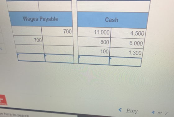 Cash Wages Payable 700 11,000 700 800 4,500 6,000 1,300 100 < Prev 4 of 7