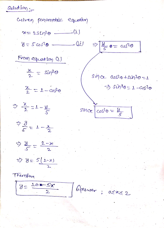 Soledion- Giiren parametric equation A24750 Eve () 2250 SER (C >18 caso From equation ) Sin20 2 since Cashots020=1 » sono=1-c