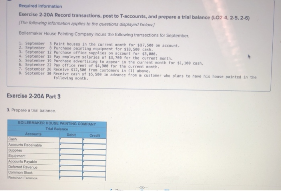 Required information Exercise 2-20A Record transactions, post to T-accounts, and prepare a trial balance (LO2-4, 2-5, 2-6) Th