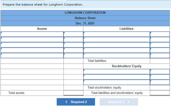 Prepare the balance sheet for Longhorn Corporation. LONGHORN CORPORATION Balance Sheet Dec. 31, 2021 Assets Liabilities Total