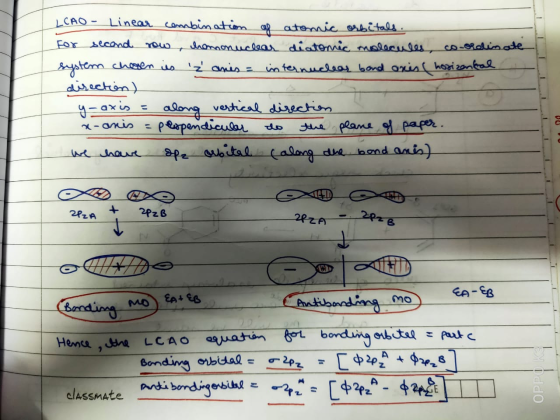 LCAO Linear combination of atomic orbitals. For second row, chononuclear diatomic molecules, co-ordinate system chosen is z a