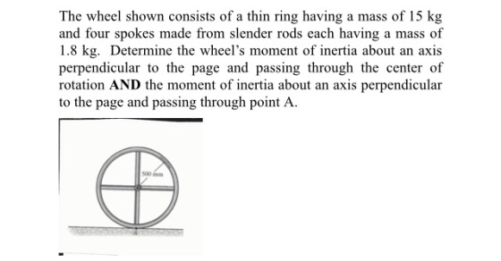 The wheel shown consists of a thin ring having a mass of 15 kg and four spokes made from slender rods each having a mass of 1