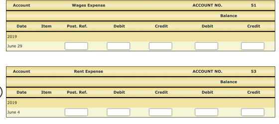 Account Wages Expense ACCOUNT NO. 51 Balance Date Item Post. Ref. Debit Credit Debit Credit 2019 June 29 Account Rent Expense