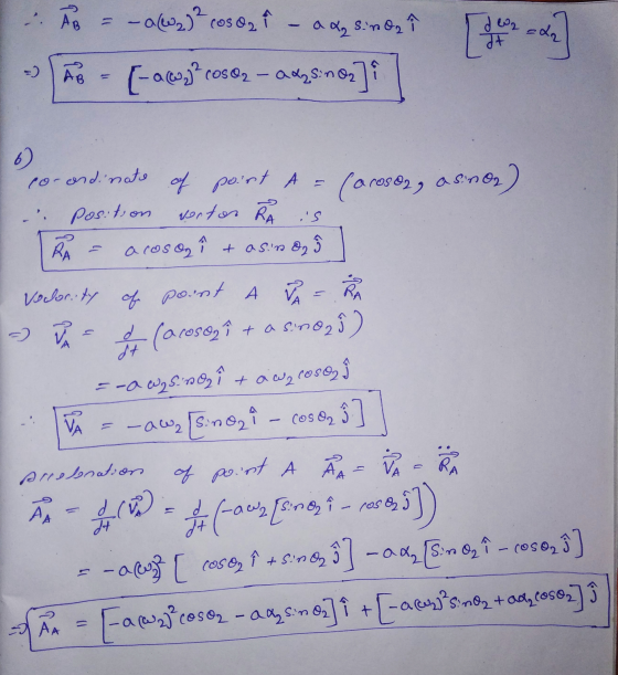 AB = – 0(W2) ² cosa i a & sind, & ab [ de2 It ada - AB =[-aw) rosor - adzsin oz] ? 6) (a cosa, as:no) co-ordinate of point A
