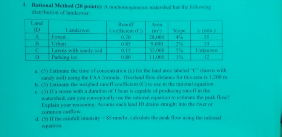 4. Rational Method (20 points): A nonhomogencous watershed has the following distribution of landcover: Land Runoff Area ID A