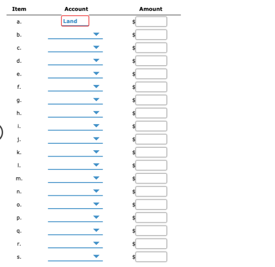 Item Amount Account Land a. $ b. c. d. e. f. g. h. i. j. k. I. m. n. o. p. 9. r. S.