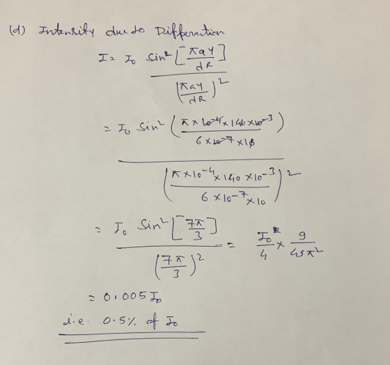 (d) Intensity due to differaction In to sin? [Tay] Trama de 7 sint (axlotx 140 X163 ) 6X207x18 (axlo-exilio X10-312 6x10-7x10