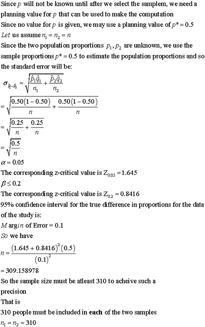 Since p will not be known until after we select the samplem, we need a planning value for p that can be used to make the computation Since no value for p is given, wemay use a planning value ofp* 0.5 Let us assume n, n2-n Since the two populati on proportions pi,P2 are unknown, we use the sample proportions p* = 0.5 to estimate the population proportions and so the standard error will be: A- 0.50(1-0.50)0.50(1-0.50) 0.25 0.25 a 0.05 The corresponding z-critical value is Znos-1.645 β 0.2 The corresponding z-critical value is Zo0.8416 95% confidence interval for the true difference in proportions for the data of the study is: M argin of Error 0.1 So we have (1.645 +0.8416)(0.5) 309.158978 So the sample size must be atleast 310 to acheive sucha precision That is 310 people must be included in each of the two samples