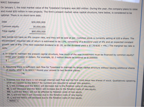 WACC Estimation On January 1, the total market value of the Tysseland Company was $60 million. During the year, the company p