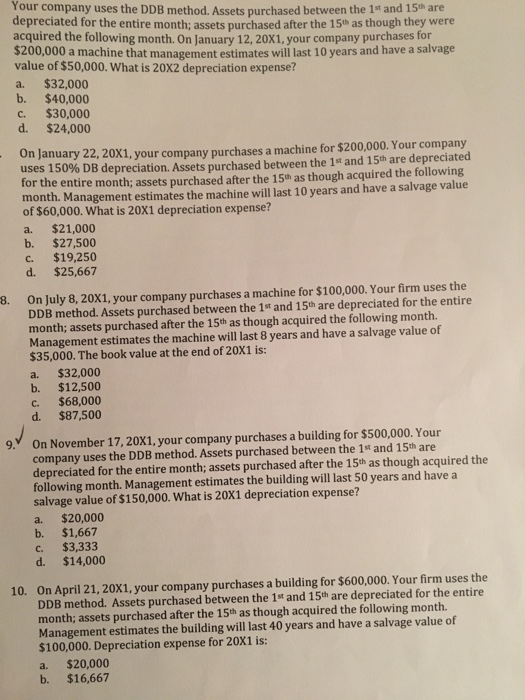 Your company uses the DDB method. Assets purchased between the 1st and 15th are depreciated for the entire month; assets purchased after the 15th as though they were acquired the following month. On January 12, 20X1, your company purchases for $200,000 a machine that management estimates will last 10 years and have a salvage value of $50,000. What is 20X2 depreciation expense? a. $32,000 b. $40,000 c. $30,000 d. $24,000 On January 22, 20X1, your company purchases a machine for $200,000. Your company uses 150% DB depreciation. Assets purchased between the 1st and 150 are depreciated for the entire month; assets purchased after the 15h as though acquired the following month. Management estimates the machine will last 10 years and have a salvage value of $60,000. What is 20X1 depreciation expense? a. $21,000 b. $27,500 c. $19,250 d. $25,667 On July 8,20X1, your company purchases a machine for $100,000. Your firm uses the DDB method. Assets purchased between the 1st and 15th are depreciated for the entire month; assets purchased after the 15th as though acquired the following month Management estimates the machine will last 8 years and have a salvage value of $35,000. The book value at the end of 20X1 is: a. $32,000 b. $12,500 c. $68,000 d. $87,500 8. 9.On November 17, 20X1, your company purchases a building for $500,000. Your company uses the DDB method. Assets purchased between the 1st and 15th are depreciated for the entire month; assets purchased after the 15th as though acquired the following month. Management estimates the building will last 50 years and have a salvage value of $150,000. What is 20X1 depreciation expense? a. $20,000 b. $1,667 c. $3,333 d. $14,000 On April 21, 20X1, your company purchases a building for $600,000. Your firm uses the DDB method. Assets purchased between the 1st and 15th are depreciated for the entire month; assets purchased after the 15th as though acquired the following month. Management estimates the building will last 40 years and have a salvage value of $100,000. Depreciation expense for 20X1 is: a. $20,000 b. $16,667 10.