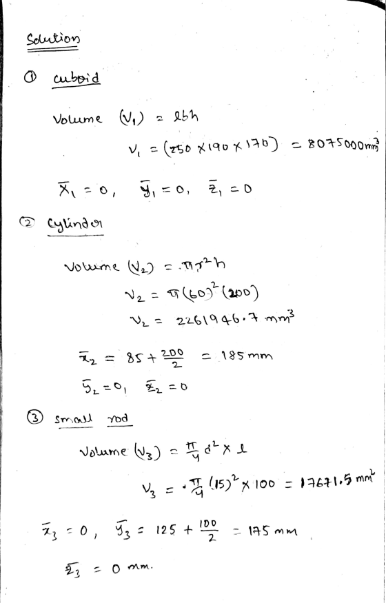 SS solution a cuboid Volume , a ebh V = (250 x190x170) - 8075000 mnm 5, = 0, Z, ao X=0, 2 Cylinder volume (V2) = .772h V2 = 5