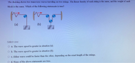 The drawing shows two transverse waves traveling on two strings. The lincar density of cach string is the same, and the weigh