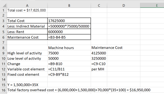 B C D E 1 Total cost = $17,625,000 3 Total Cost 17625000 4 Less: Indirect Material =5000000*75000/50000 5 Less: Rent 6000000
