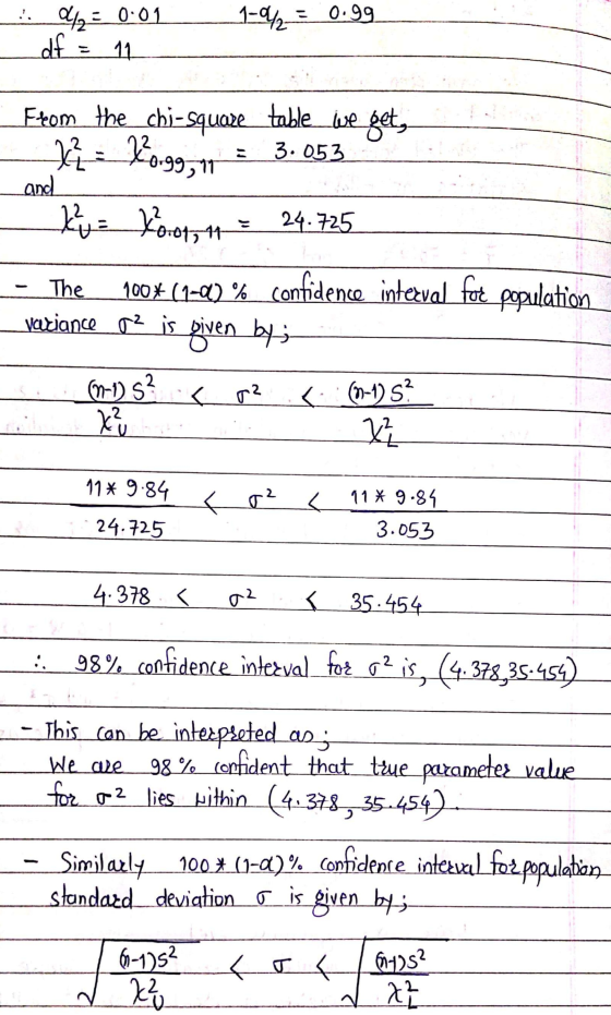 1-4 = 0.99 d = 0.01 df = 11 From the_chi-square table_ive fet, - Ko.99,= 3.053 and - Lys Korotytt = 24.725 - The 100% (1-6) %